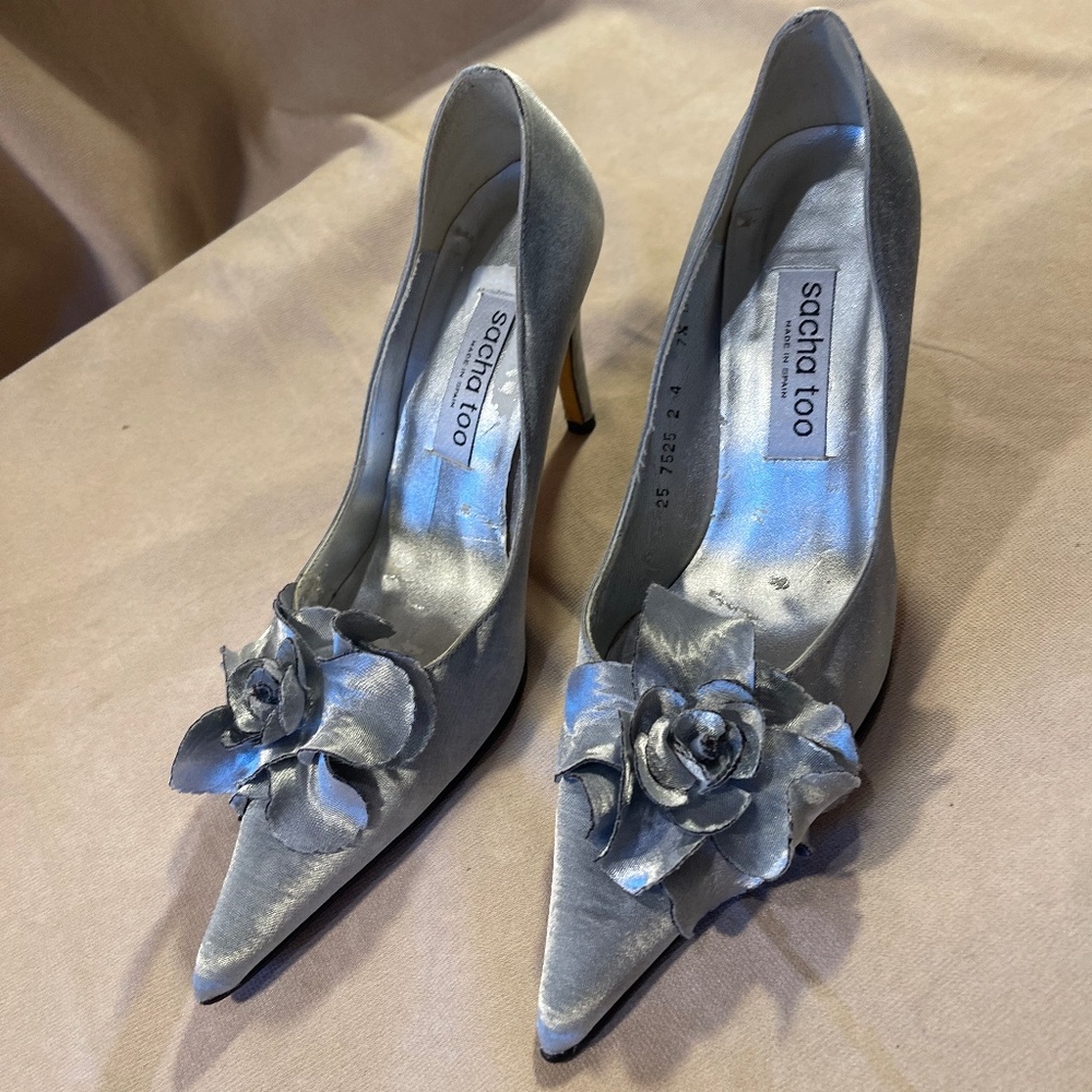 Sacha Too Silver Women's Heels with Floral Accent - Picture 3 of 9